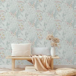 Papier peint vinyle intissé Sejours & Chambres Lutece mat et satiné fleurs, feuilles bleu, blanc, rouge l.1005 x l.53 cm