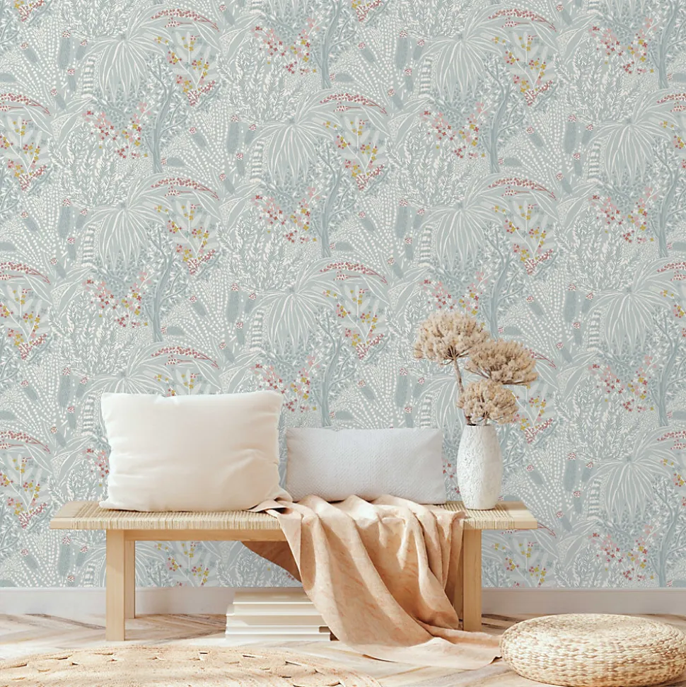 Papier peint vinyle intissé Sejours & Chambres Lutece mat et satiné fleurs, feuilles bleu, blanc, rouge l.1005 x l.53 cm