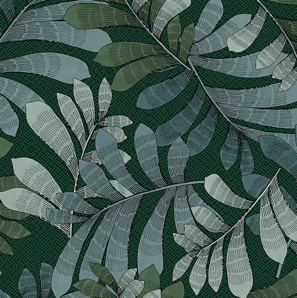 Papier peint vinyle intissé Villa Rosalie Lutece mat et satiné feuilles vert, bleu pétrole, bleu l.1005 x l.53 cm