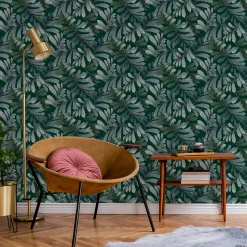 Papier peint vinyle intissé Villa Rosalie Lutece mat et satiné feuilles vert, bleu pétrole, bleu l.1005 x l.53 cm