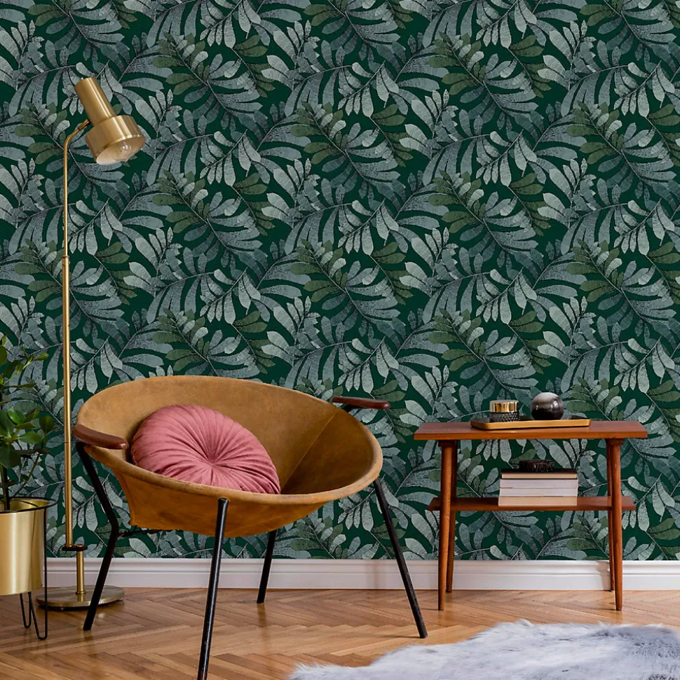 Papier peint vinyle intissé Villa Rosalie Lutece mat et satiné feuilles vert, bleu pétrole, bleu l.1005 x l.53 cm