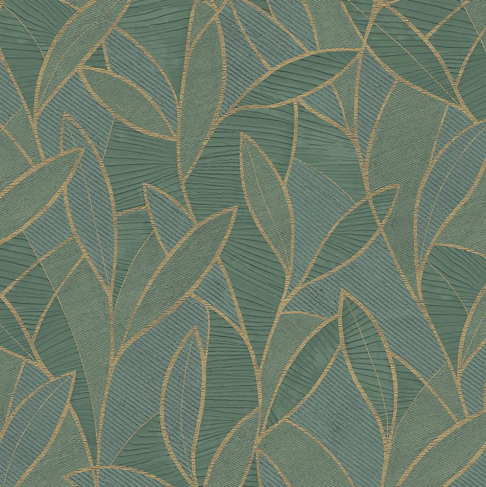 Papier peint vinyle intissé Allure Lutece mat et satiné feuilles, sculptées vert, or l.1005 x l.53 cm