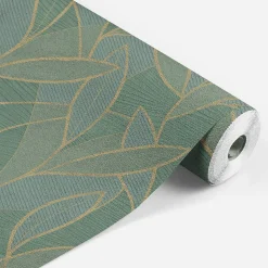 Papier peint vinyle intissé Allure Lutece mat et satiné feuilles, sculptées vert, or l.1005 x l.53 cm