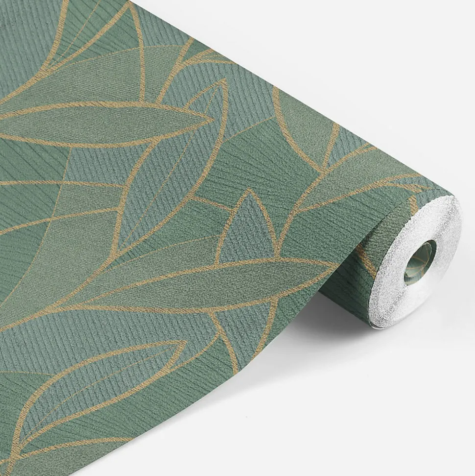 Papier peint vinyle intissé Allure Lutece mat et satiné feuilles, sculptées vert, or l.1005 x l.53 cm