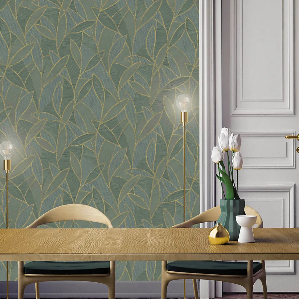 Papier peint vinyle intissé Allure Lutece mat et satiné feuilles, sculptées vert, or l.1005 x l.53 cm