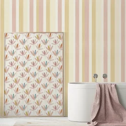 Papier peint vinyle intissé Cuisines & Bains Lutece mat et satiné rayures rose, jaune, blanc l.1005 x l.53 cm