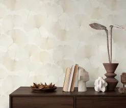 Papier peint vinyle intissé feuilles de ginko beige crème L.1005 x l.53cm, Erismann Ginko dream