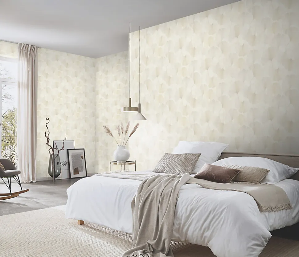 Papier peint vinyle intissé feuilles de ginko beige crème L.1005 x l.53cm, Erismann Ginko dream