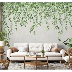 Papier peint vinyle intissé Fidji greenery verdure vert sur fond blanc, 4 lés, L.1005 x l.53cm Lutèce