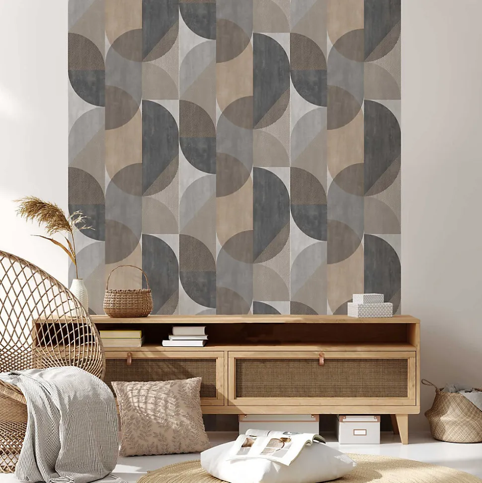 Papier peint vinyle intissé Sejours & Chambres Lutece mat et satiné géométrique gris, taupe, bleu l.1005 x l.53 cm