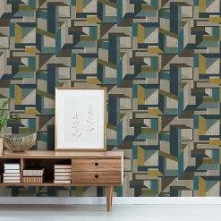 Papier peint Vinyle Intissé GoodHome Galene Sarcelle et ocre