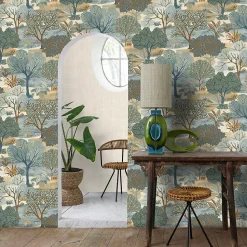 Papier peint vinyle intissé Allure Lutece mat et satiné fôret, arbre, paysage bleu, ocre, vieux bleu l.1005 x l.53 cm