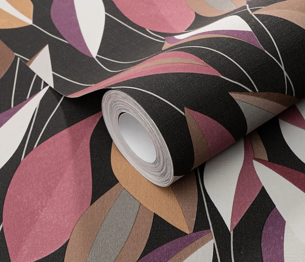 Papier peint vinyle intissé feuillage noir, violet L.1005 x l.53cm, Erismann Casual