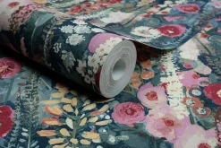 Papier peint vinyle intissé fleuri rose, vert L.1005 x l.53cm Grandeco, Delphinium