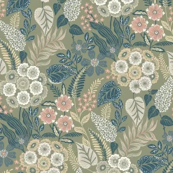 Papier peint vinyle intissé fleuri Alice vert kaki L.1005 x l.53cm Grandeco