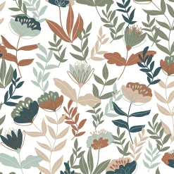 Papier peint vinyle intissé fleuri Naive flowers, bleu terracotta L.1005 x l.53cm Lutèce