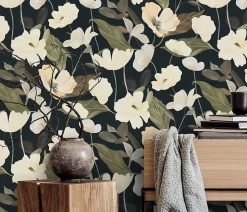 Papier peint vinyle intissé fleuri feuilles de lys, noir et beige L.1005 x l.53 cm, Erismann Blossom