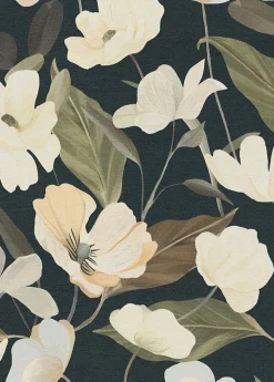 Papier peint vinyle intissé fleuri feuilles de lys, noir et beige L.1005 x l.53 cm, Erismann Blossom