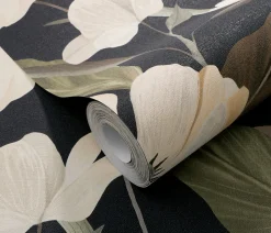 Papier peint vinyle intissé fleuri feuilles de lys, noir et beige L.1005 x l.53 cm, Erismann Blossom