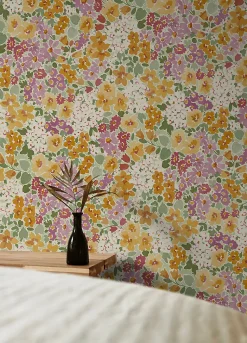 Papier peint vinyle intissé fleuri rose, jaune L.1005 x l.53cm Grandeco, Garden Lilas