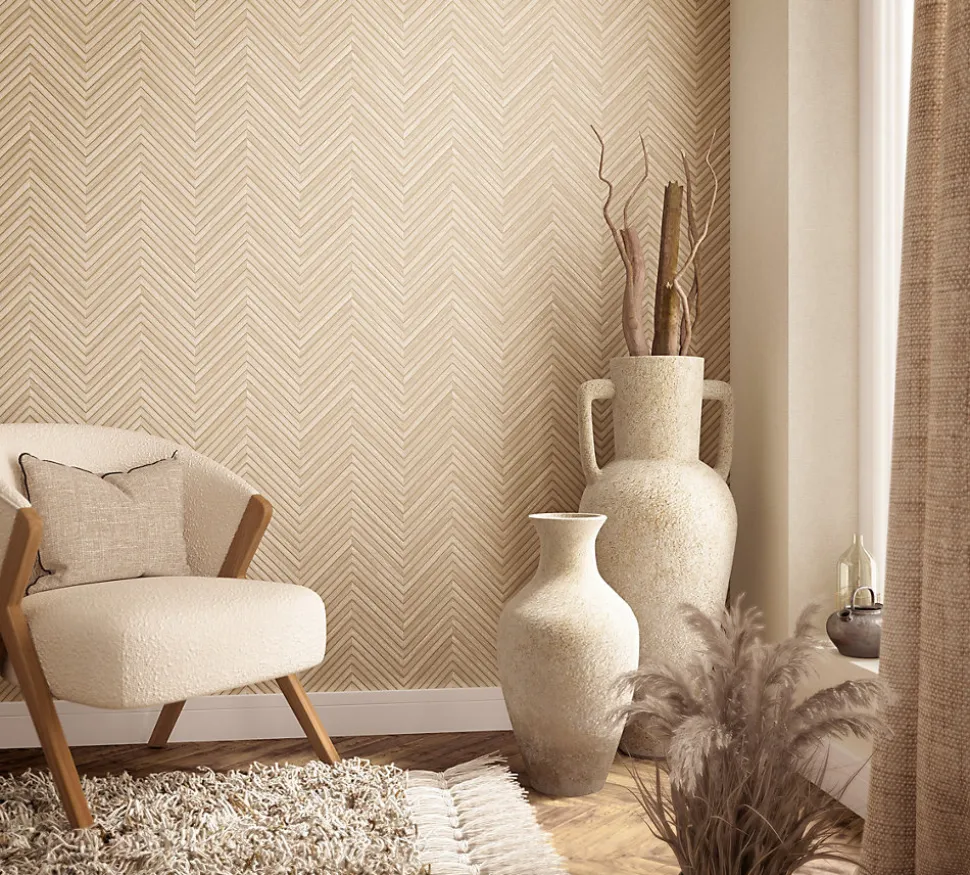 Papier peint vinyle intissé imitation chevron en bois L.1001 x l.53 cm