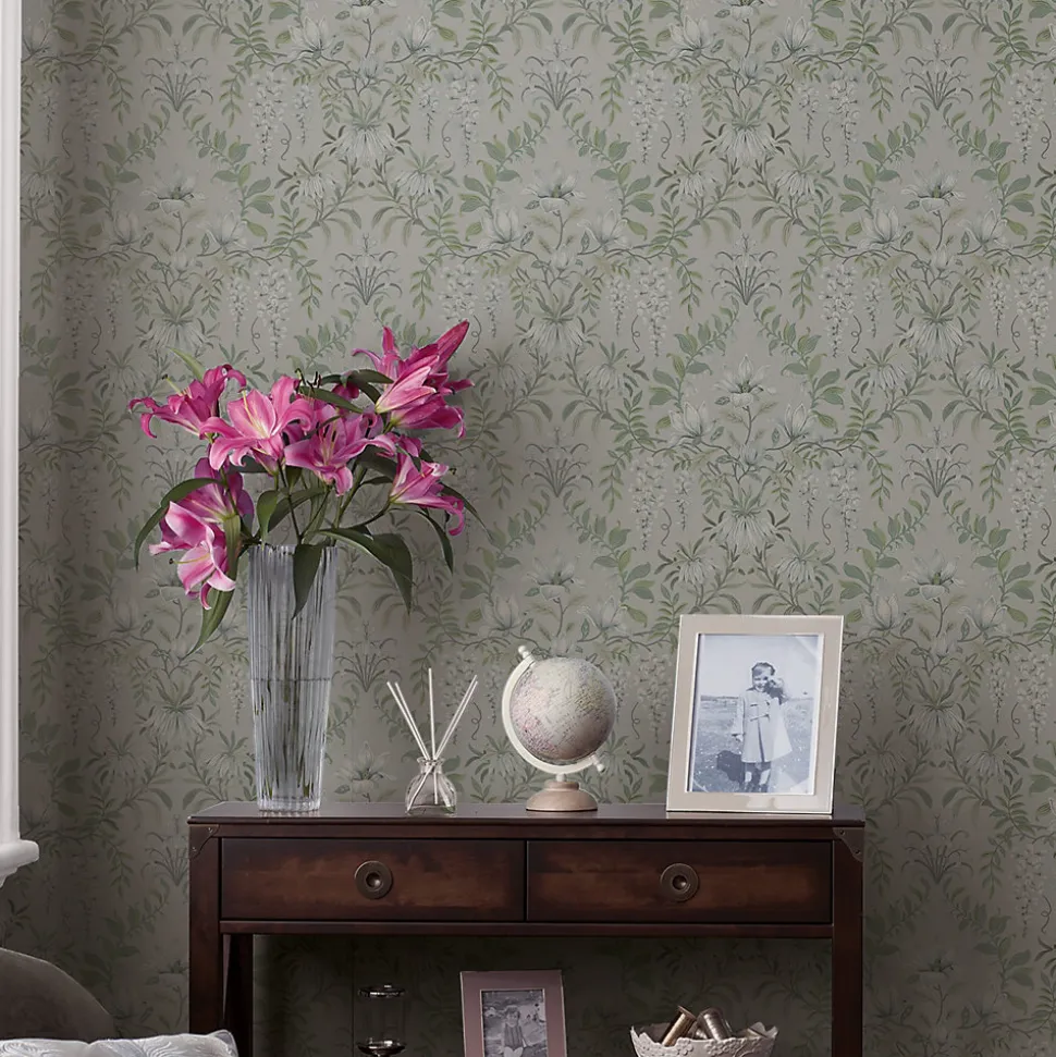 Papier peint vinyle intissé fleuri vert L.1000 x l.52 cm Laura Ashley Parterre