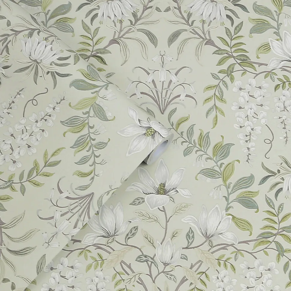 Papier peint vinyle intissé fleuri vert L.1000 x l.52 cm Laura Ashley Parterre