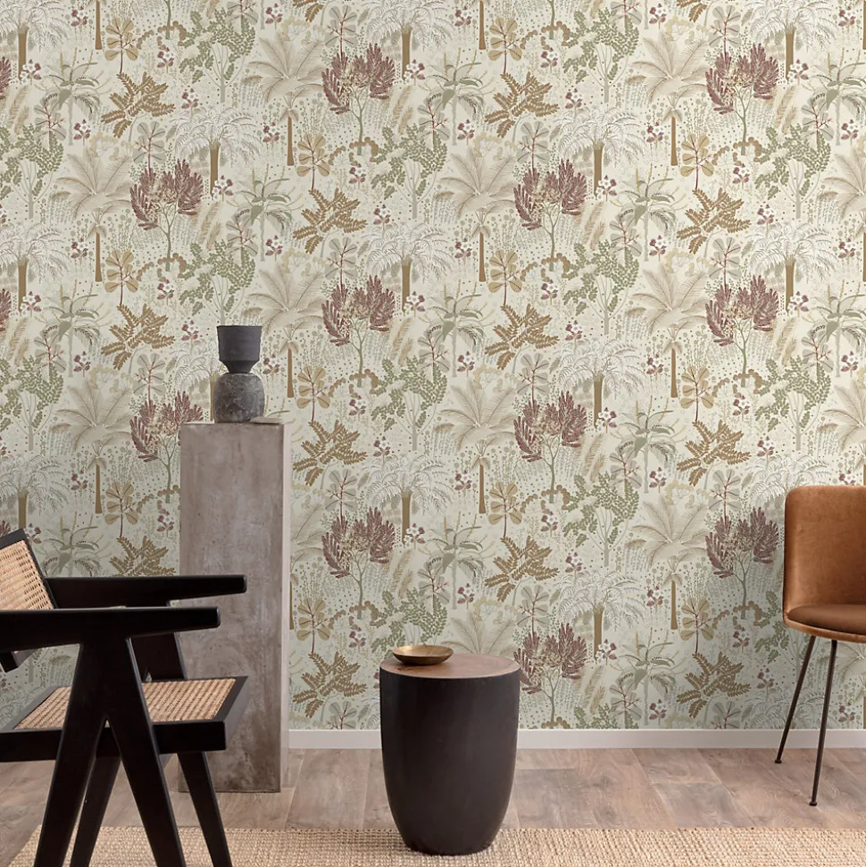 Papier peint vinyle intissé feuillage beige L.53 x l.1005 cm Grandeco Louan