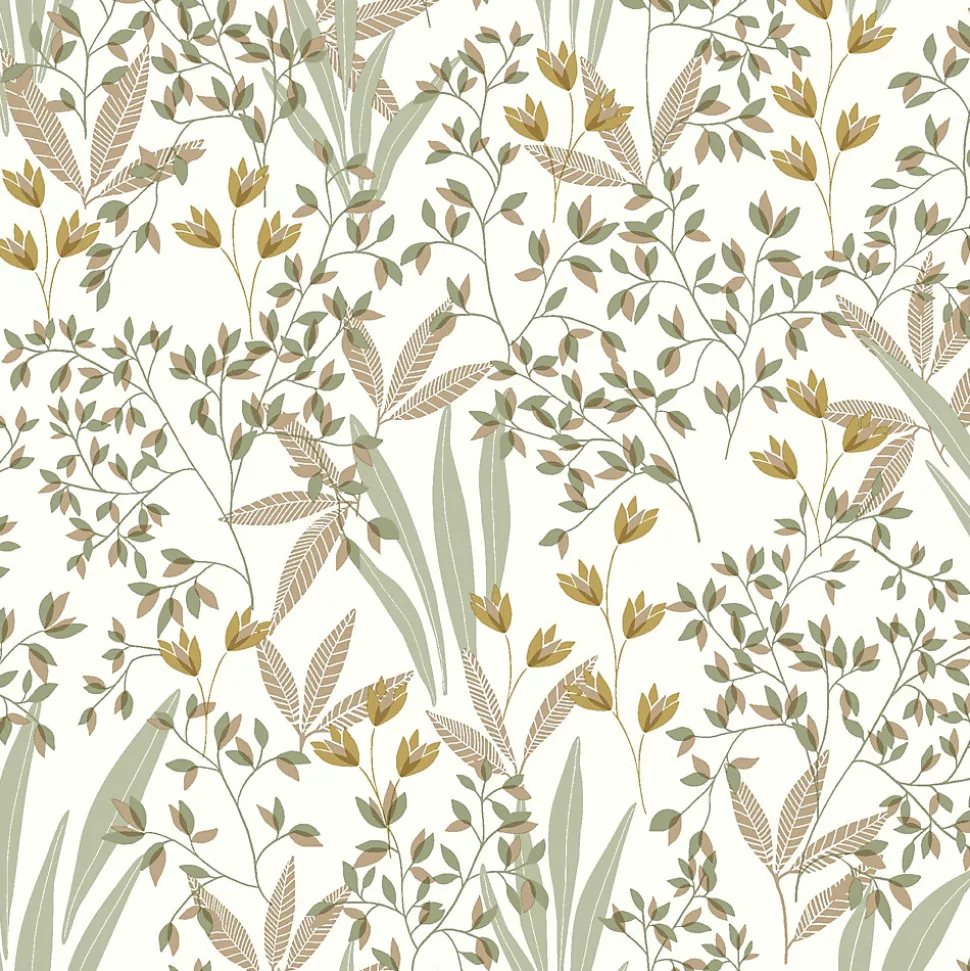 Papier peint vinyle intissé fleuri vert et beige L.1005 x l.53cm, Lutèce Floris