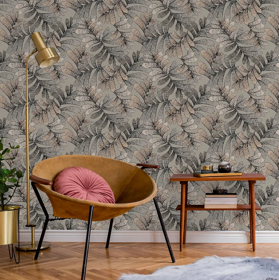 Papier peint vinyle intissé Villa Rosalie Lutece mat et satiné feuilles gris, rose l.1005 x l.53 cm