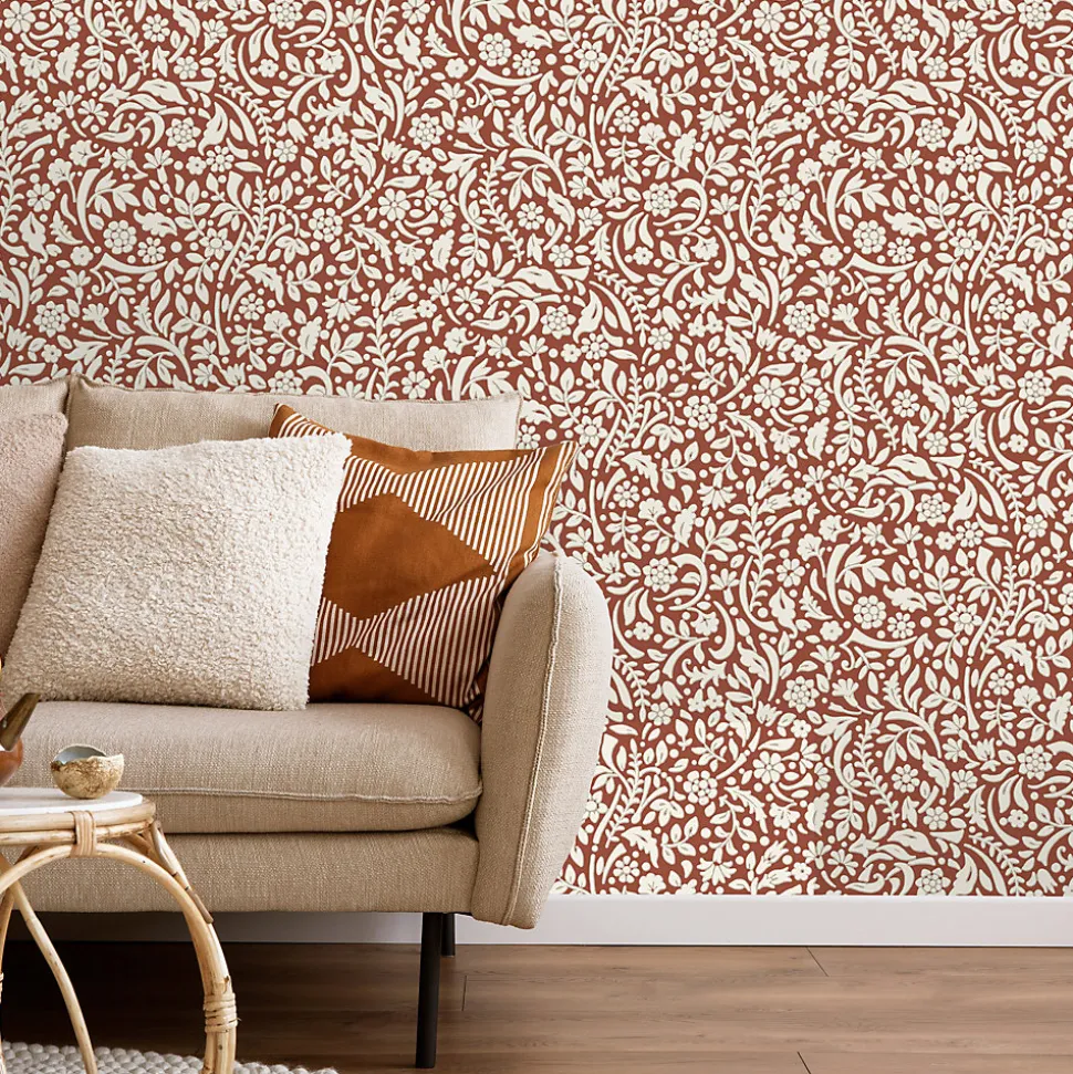 Papier peint vinyle intissé Flaumig GoodHome motif floral terracotta L. 10,05m x l. 0,53m