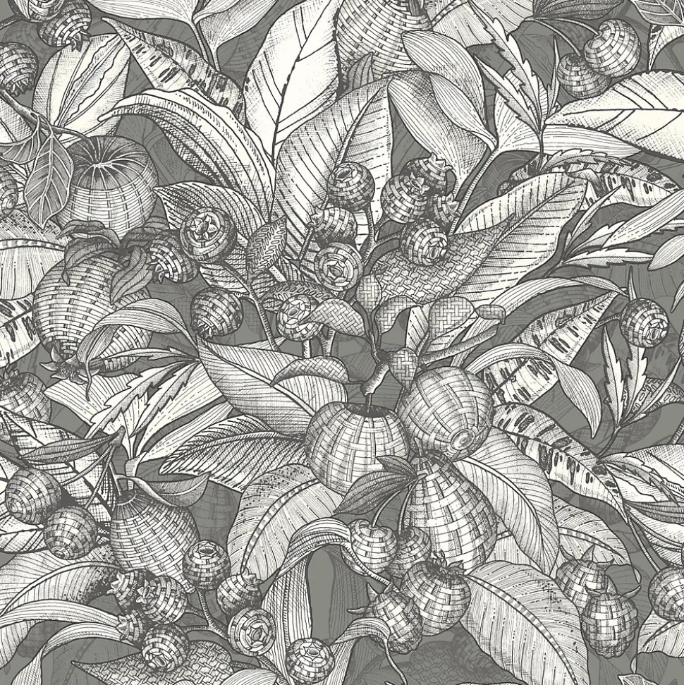 Papier peint vinyle intissé Villa Rosalie Lutece mat et satiné fleurs gris, noir, blanc l.1005 x l.53 cm