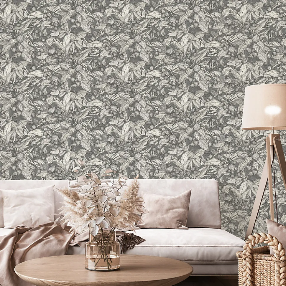 Papier peint vinyle intissé Villa Rosalie Lutece mat et satiné fleurs gris, noir, blanc l.1005 x l.53 cm
