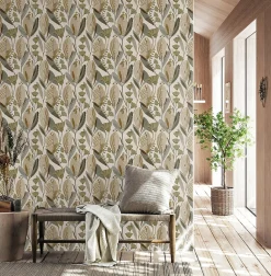 Papier peint vinyle intissé fleuri féerie bucolique vert kaki L.1005 x l.53cm Lutèce