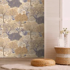 Papier peint vinyle intissé Allure Lutece mat et satiné fôret, arbre, paysage beige, marron, bleu l.1005 x l.53 cm