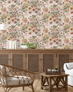 Papier peint vinyle intissé fleuri bouquet rose, beige L.1005 x l.53cm Lutèce