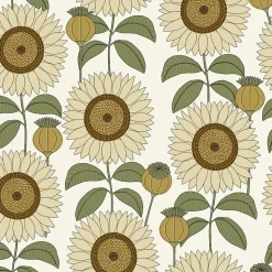 Papier peint vinyle intissé Cuisines & Bains Lutece mat et satiné tournesol, fleurs beige, orcre, blanc l.1005 x l.53 cm