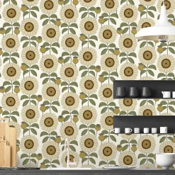 Papier peint vinyle intissé Cuisines & Bains Lutece mat et satiné tournesol, fleurs beige, orcre, blanc l.1005 x l.53 cm