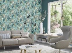 Papier peint vinyle intissé feuillage tropical bleu L.1001 x l.53cm Rasch, Amazonia