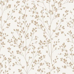 Papier peint vinyle intissé feuillage Omura doré, blanc L.1005 x l.53cm Grandeco