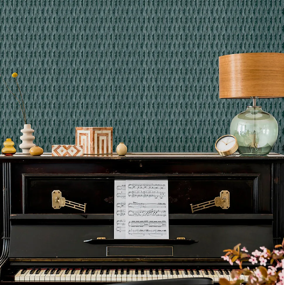 Papier peint vinyle intissé Villa Rosalie Lutece mat et satiné trompe l'œil paille bleu paon, bleu l.1005 x l.53 cm