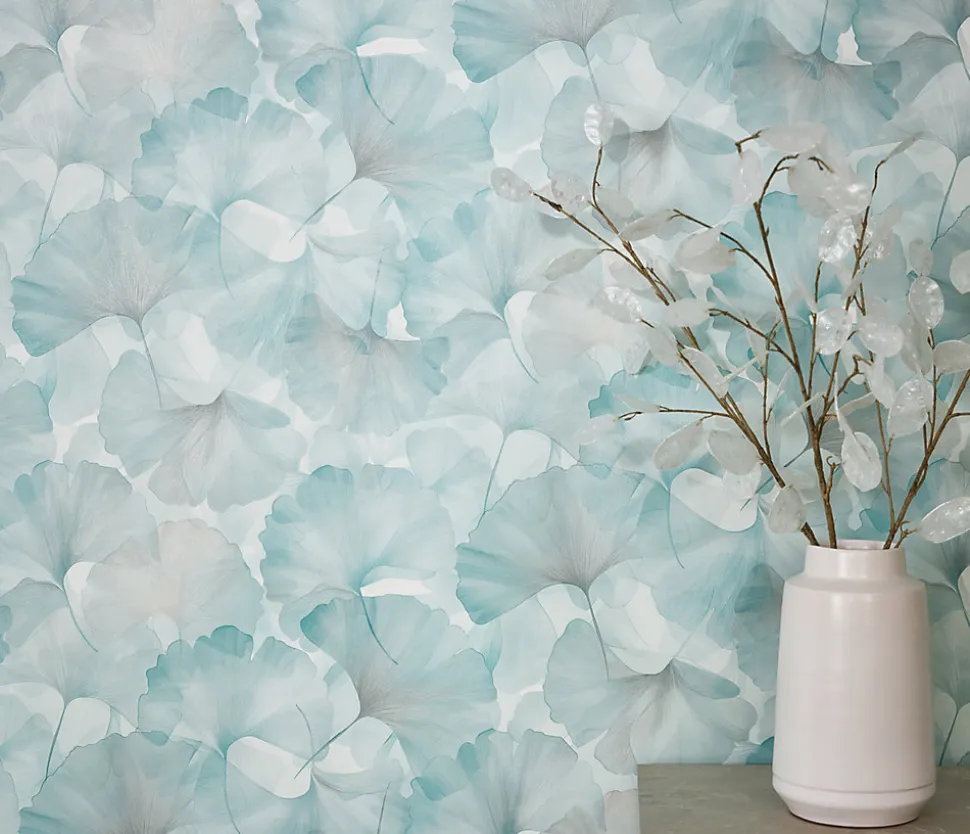 Papier peint vinyle intissé feuilles de ginko bleu L.1005 x l.53cm, Erismann Ginko dream