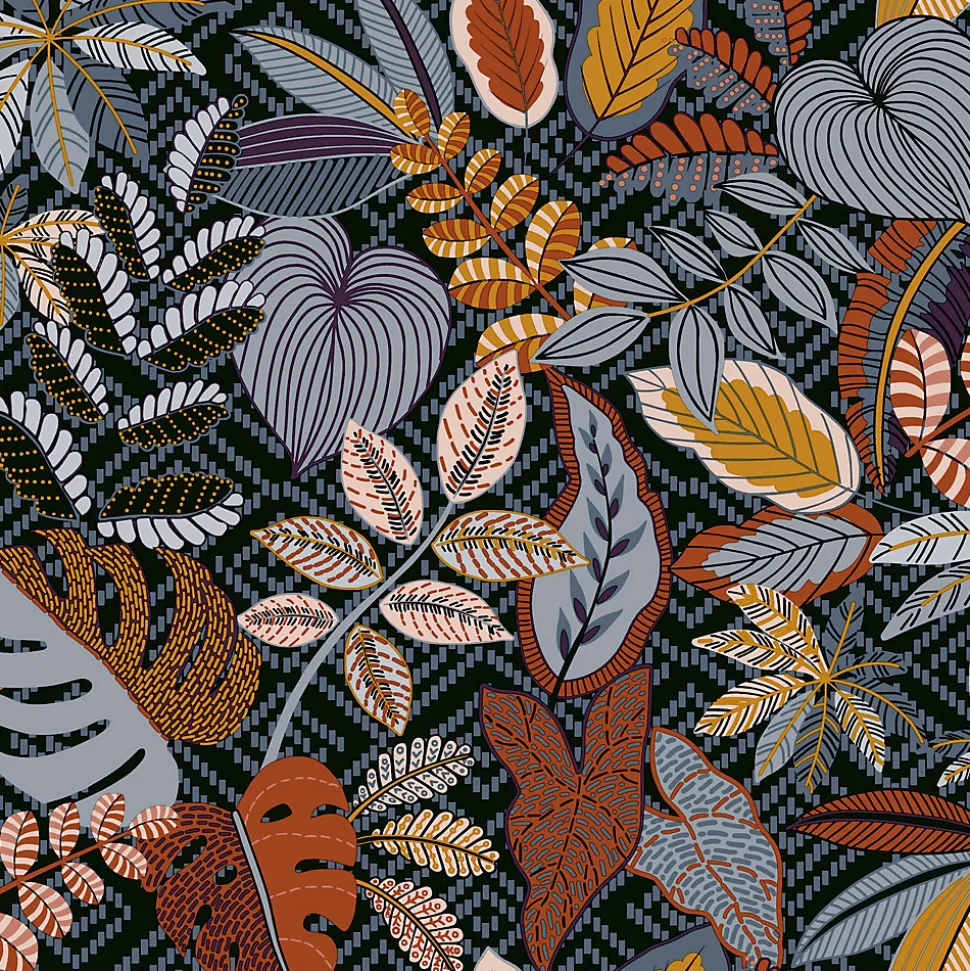 Papier peint vinyle intissé Sejours & Chambres Lutece mat et satiné feuilles bleu, orange, rouge l.1005 x l.53 cm