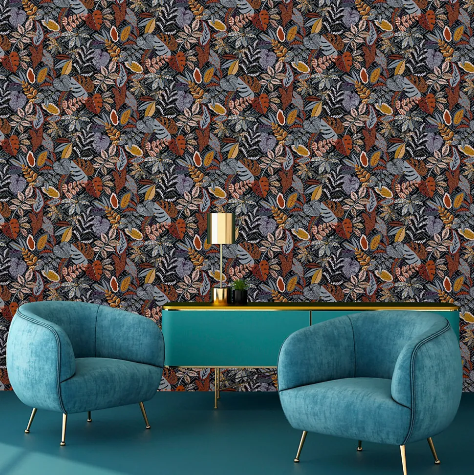 Papier peint vinyle intissé Sejours & Chambres Lutece mat et satiné feuilles bleu, orange, rouge l.1005 x l.53 cm