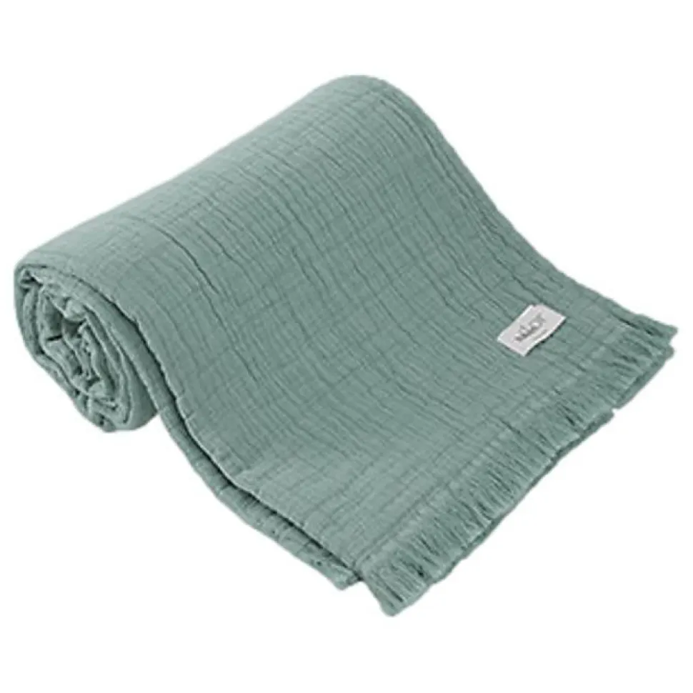 Plaid à franges "Brehat" Gaze de Coton stonewashed Toison d'or - Brehat Lichen