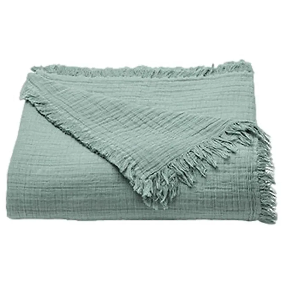 Plaid à franges "Brehat" Gaze de Coton stonewashed Toison d'or - Brehat Lichen