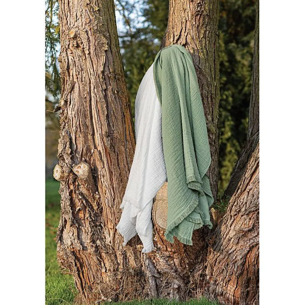 Plaid à franges "Brehat" Gaze de Coton stonewashed Toison d'or - Brehat Lichen