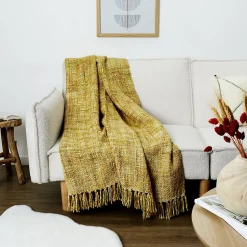 Plaid - Home Deco Factory - Grosse Maille - Chunky - Jaune - 125 X 150 Cm