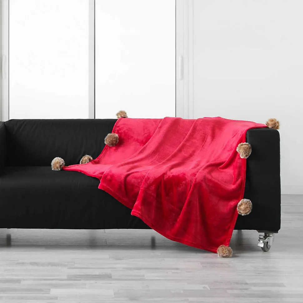 Plaid à pompons doux - 150 x 125 cm - Rouge
