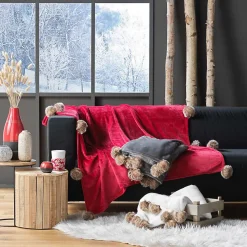Plaid à pompons doux - 150 x 125 cm - Rouge